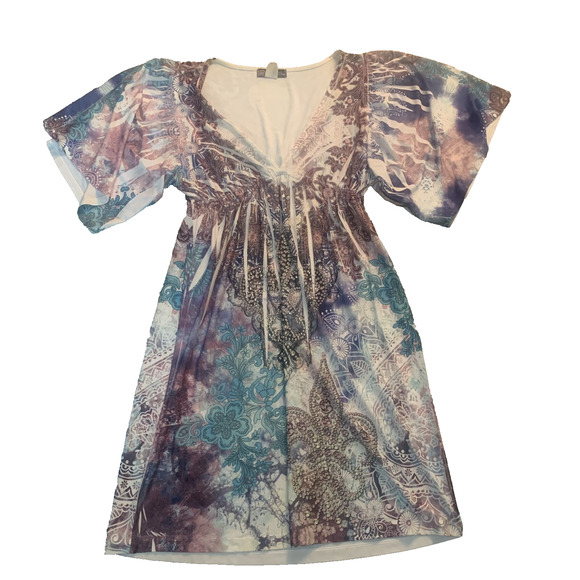 VOLUME ONE WOMEN'S V-NECK KIMONO SLEEVE SUBLIMINATION DRESS SIZE MEDIUM-EUC - Picture 1 of 5